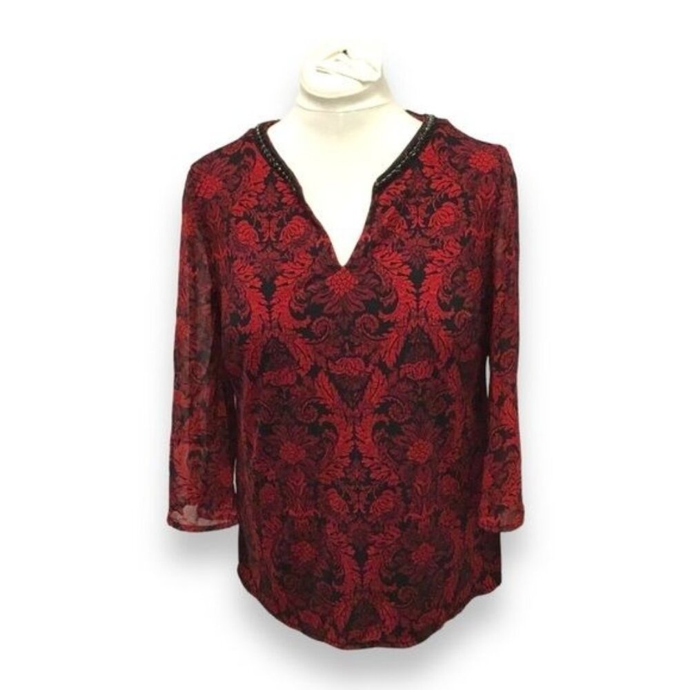 Roz & Ali Women’s Red Black Sheer Tunic Blouse Damask V-Neck 3/4 Bell Sleeve L
